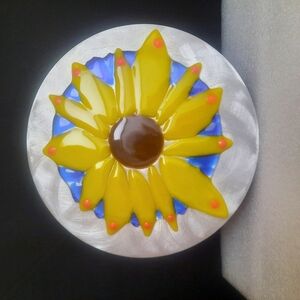 Fused Glass Sunflower On Metal Disc